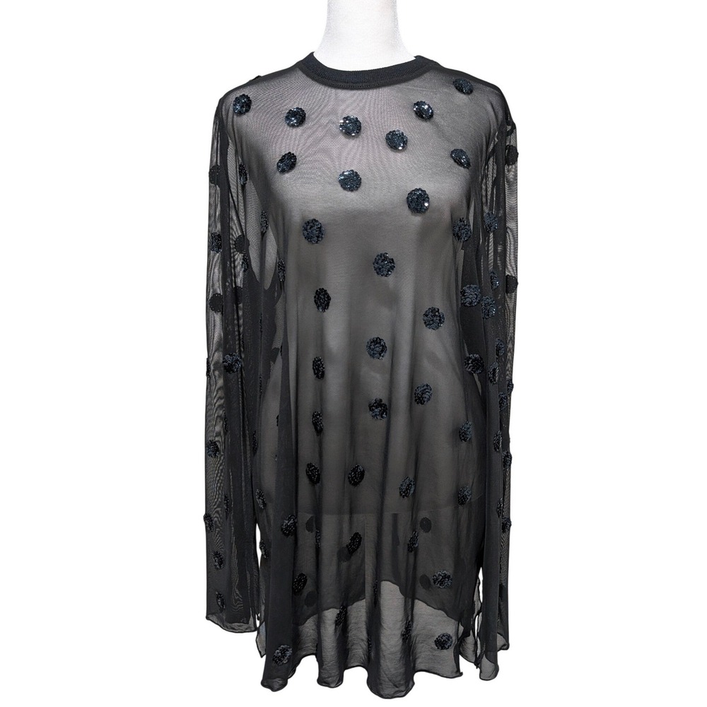 Zara Black Sheer Mesh Sequin Polka Dot Long Sleeve Top XL